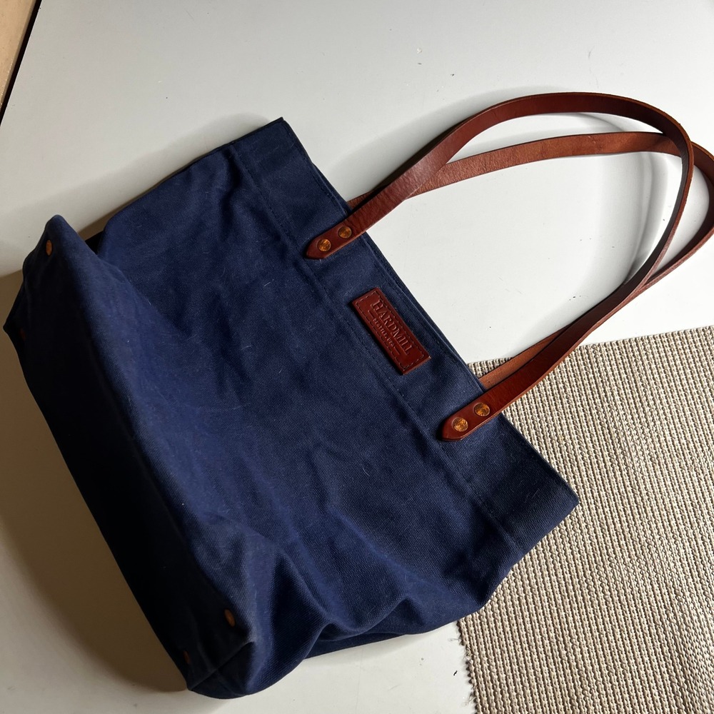 Hardmill Waxed Canvas Tote Bag Navy Blue Leather Handles Made in USA Handcrafted